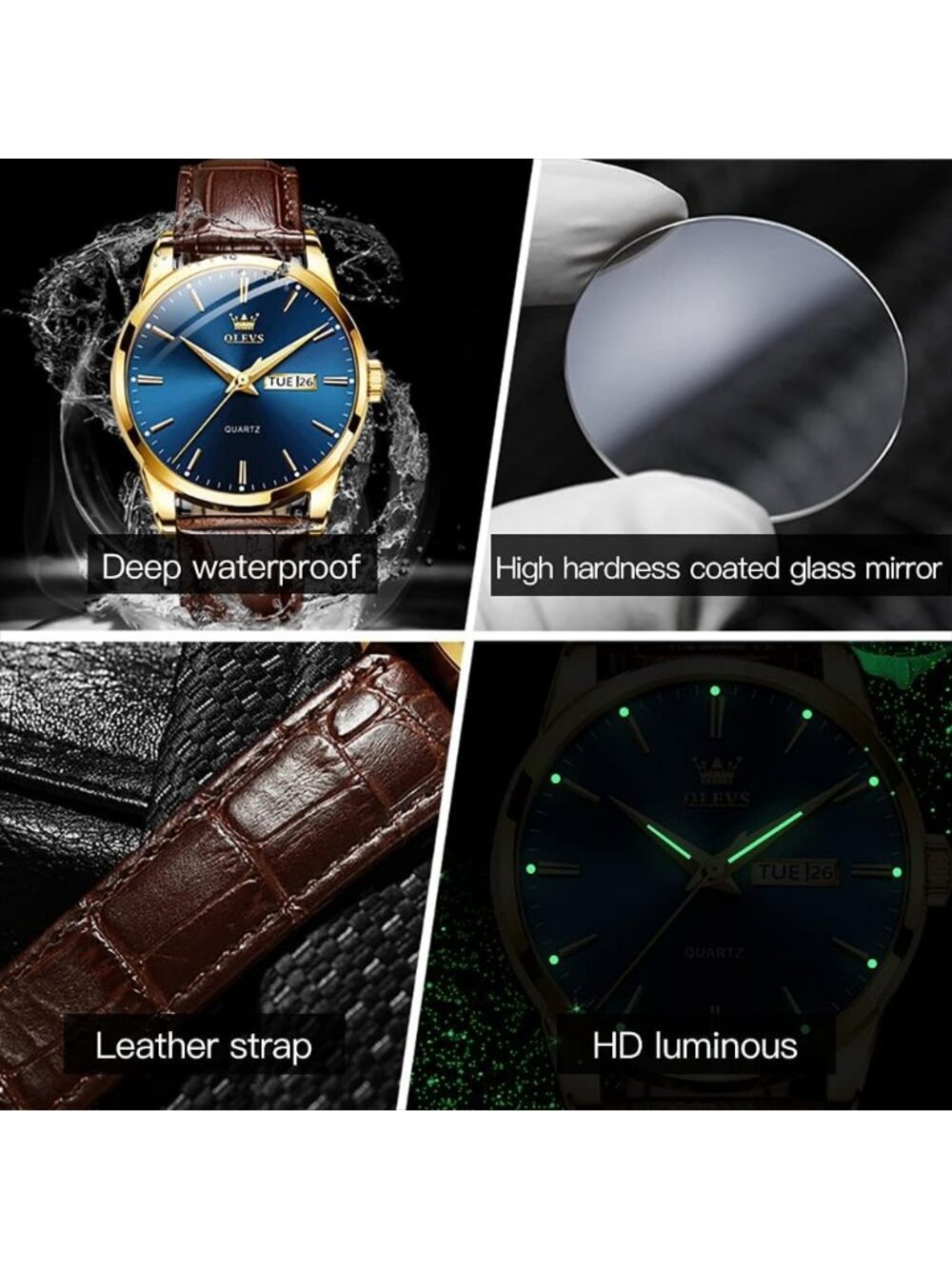 Men's Blue Dial Quartz Leather Brown Buckle Waterproof Luminous Round Watch - Picture 4 of 6